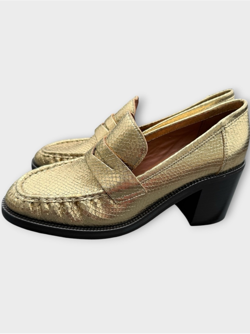 New! Aquatalia Josette Gold Snake-Embossed Penny Loafers Block Heel Sz 8